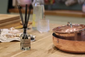 Rose and Rhubarb Reed Diffuser in kitchen